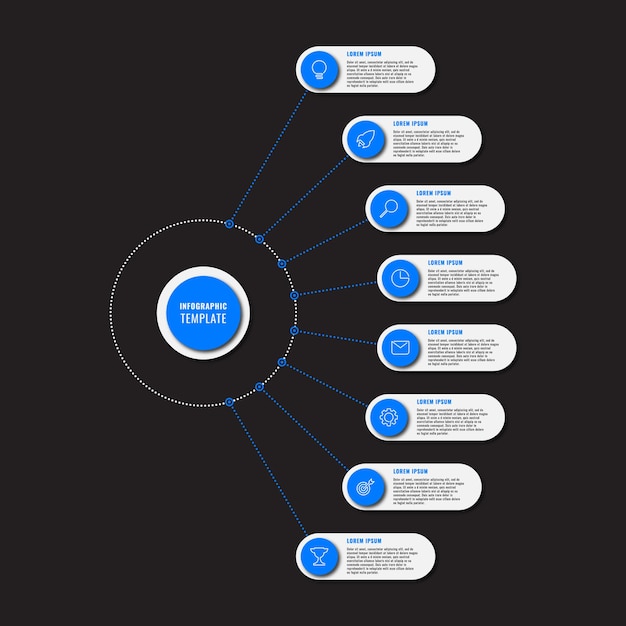 Modello infografico con sette icone di elementi rotondi rossi e testo su sfondo nero