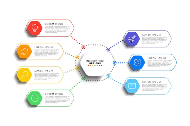 Инфографический шаблон с семью тонкими линиями многоцветных шестиугольных элементов на белом фоне