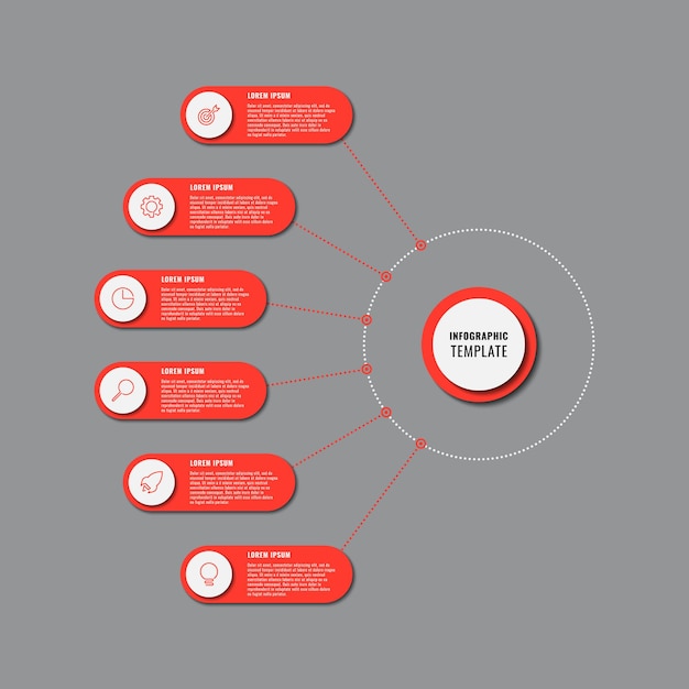 Инфографический шаблон с шестью красными круглыми элементами, тонкая линия, значки и текстовые поля на сером фоне