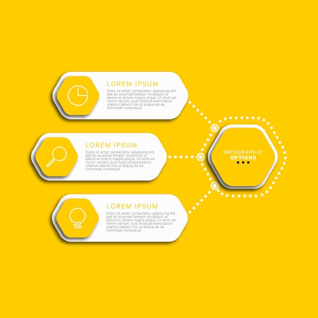 Infographic template with three hexagonal elements with business icons on a yellow background