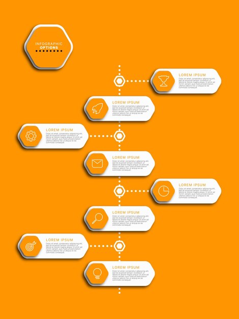 Infographic tijdlijnsjabloon met zeshoekige elementen met bedrijfspictogrammen op een oranje achtergrond