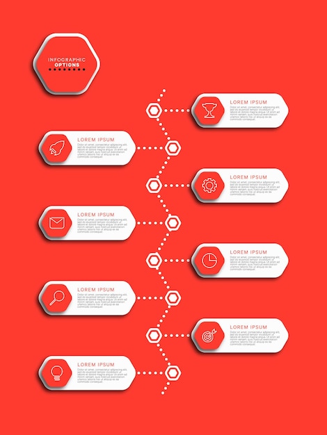 Infographic tijdlijnsjabloon met zeshoekige elementen met bedrijfspictogrammen op een rode achtergrond