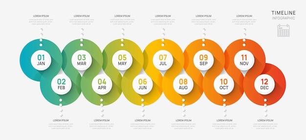 Infographic timeline presentation for 1 year 12 months elements diagram template for business steps roadmap with circle topics flat vector infographics flow charts