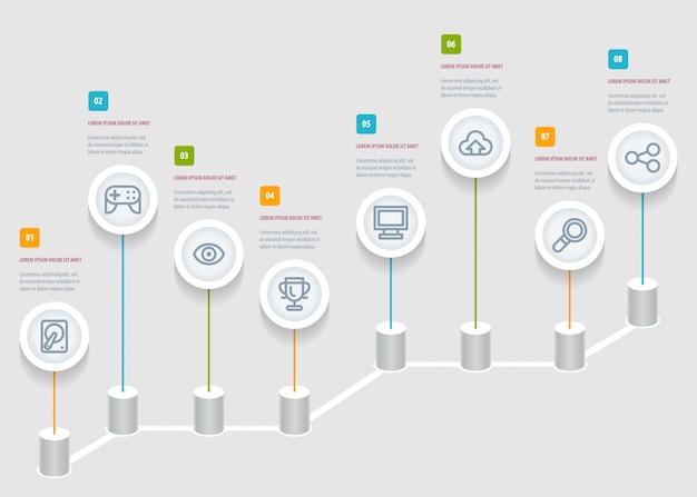 Vector infographic timeline report template with icons.