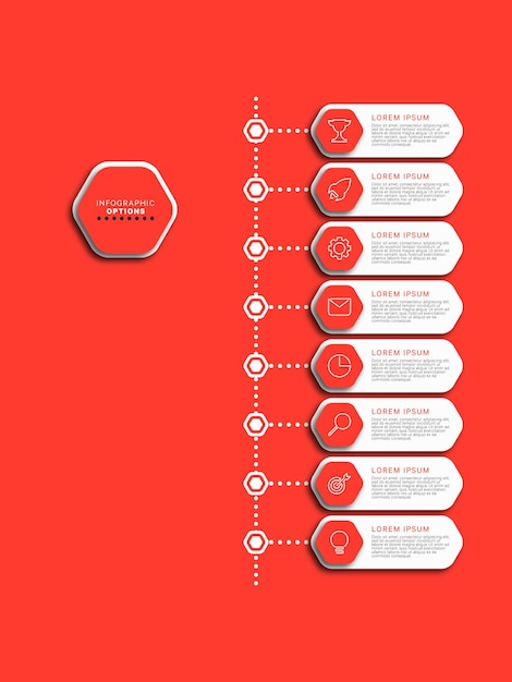 Modello di cronologia infografica con elementi esagonali con icone di affari su sfondo rosso