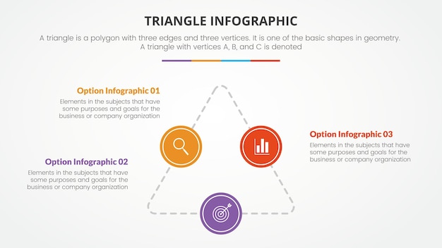 Concetto di triangolo infografico per la presentazione di diapositive con elenco a 3 punti con stile piatto