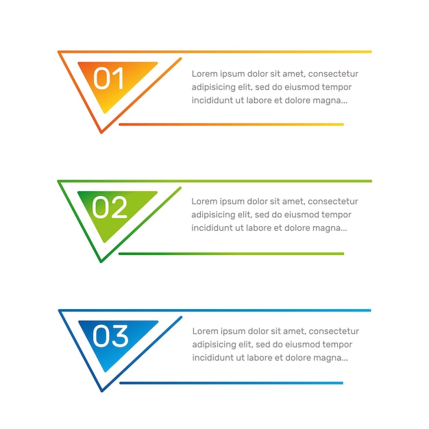 Infographic triangular shape colorful numbers from 1 to 3 and text columns vector illustration