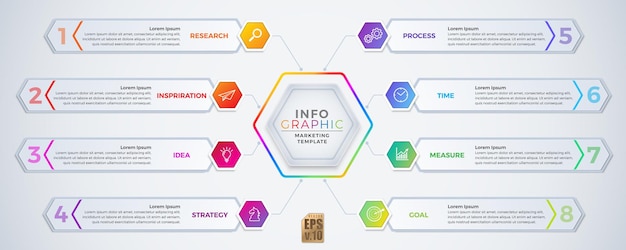 Infografica vector business design icone esagonali modello colorato 8 opzioni o passaggi isolati stile minimale è possibile utilizzare per il processo di marketing presentazioni flusso di lavoro layout diagramma di flusso stampa annuncio