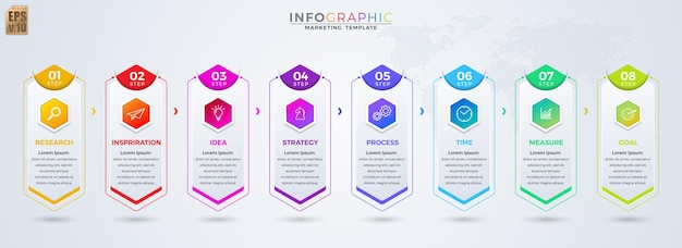 Infographic VECTOR business design hexagon icons colorful template 8 options or steps isolated minimal style You can used for Marketing process workflow presentations layout flow chart print ad
