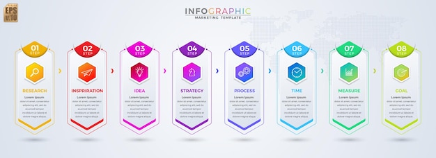 Инфографика ВЕКТОР бизнес-дизайн шестиугольник иконки красочный шаблон 8 вариантов или шагов изолированный минимальный стиль Вы можете использовать для маркетинговых презентаций рабочего процесса макет блок-схемы печати объявления