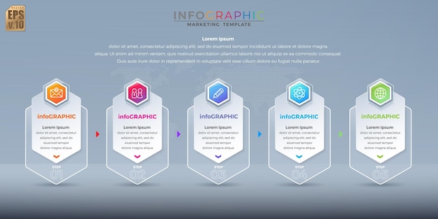 Infografica vettore business marketing design icone esagonali modello colorato 5 opzioni in vetro trasparente è possibile utilizzare per il diagramma di flusso del layout delle presentazioni del flusso di lavoro del processo di marketing