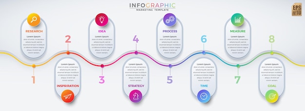 Infografica vettore business marketing modello colorato design cerchio icone 8 opzioni isolate in stile minimal è possibile utilizzare per il processo di marketing flusso di lavoro presentazioni layout diagramma di flusso stampa annuncio