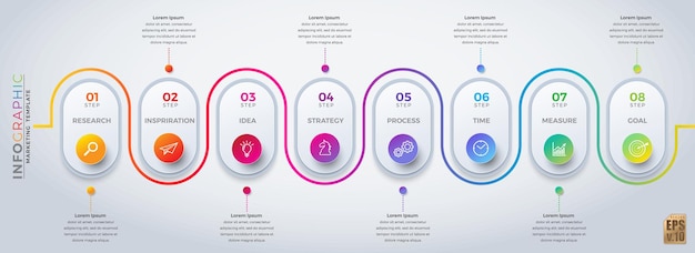 Infographic vector business marketing template colorful design circle icons 8 options isolated in minimal style You can used for Marketing process workflow presentations layout flow chart print ad