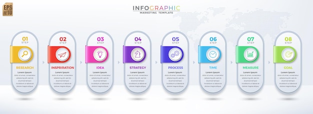 Infographic vector marketing business sjabloon kleurrijke ontwerp cirkel pictogrammen 8 opties geïsoleerd in minimalistische stijl die u kunt gebruiken voor Marketing proces werkstroom presentaties lay-out stroomschema print advertentie