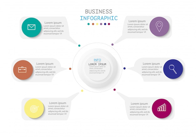 6つのステップまたはオプション、ワークフロー、プロセス図を含むインフォグラフィック