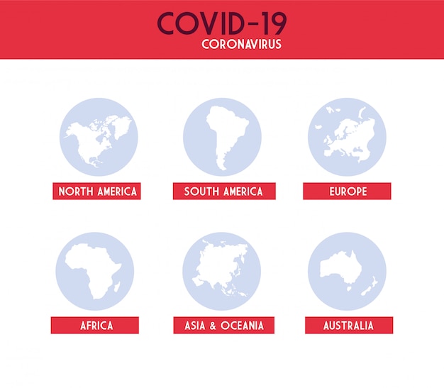 Infographic with continents from planet earth affected by coronavirus