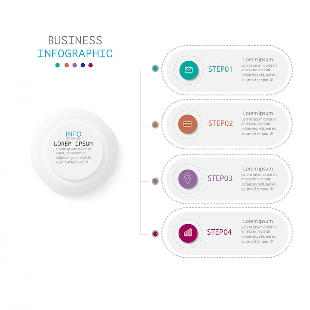 Infografica con quattro passaggi o opzioni, flusso di lavoro, diagramma di processo