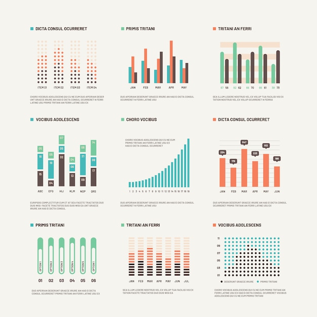 ベクトル インフォグラフィック。ワークフローレイアウトマーケティング図。統計チャートと株価情報チャート。抽象的なインフォグラフィックセット