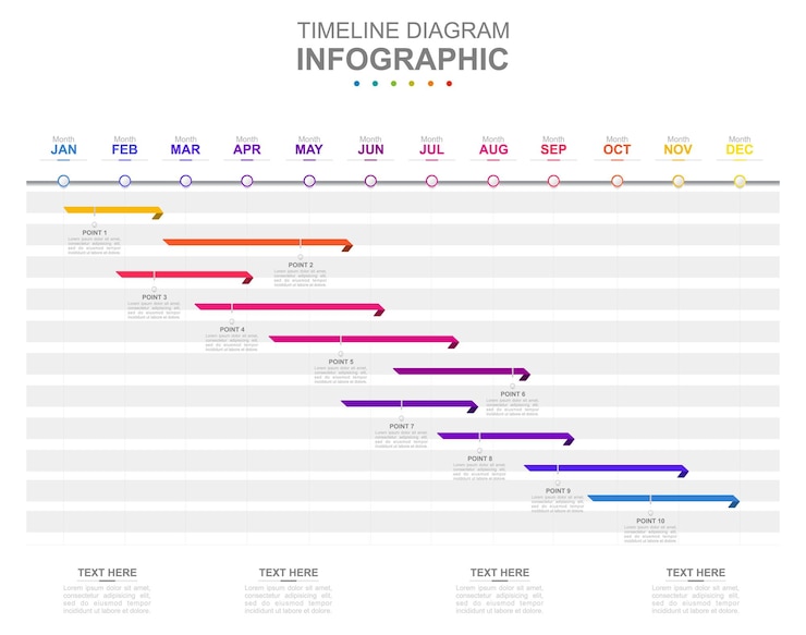 Vector infographic zakelijke sjabloon 12 maanden moderne tijdlijn diagram kalender met 7 onderwerpen concept presentatie