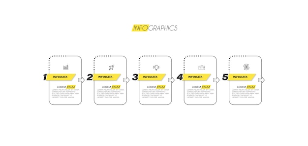 Infographicelement met pictogrammen en 5 opties of stappen.