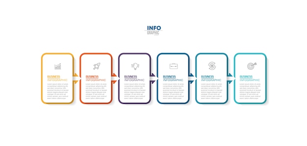 Infographicelement met pictogrammen en 6 opties of stappen.