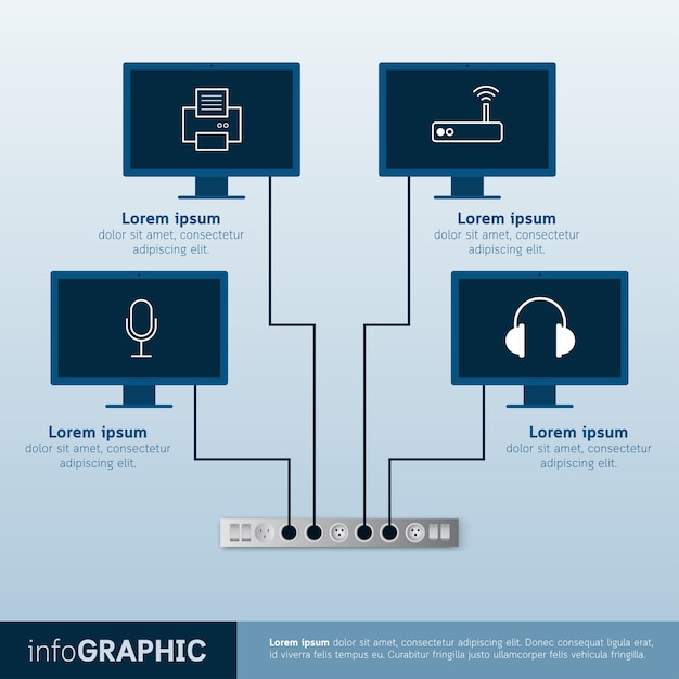 Infographicmalplaatje met het vlakke concept van het computerscherm.