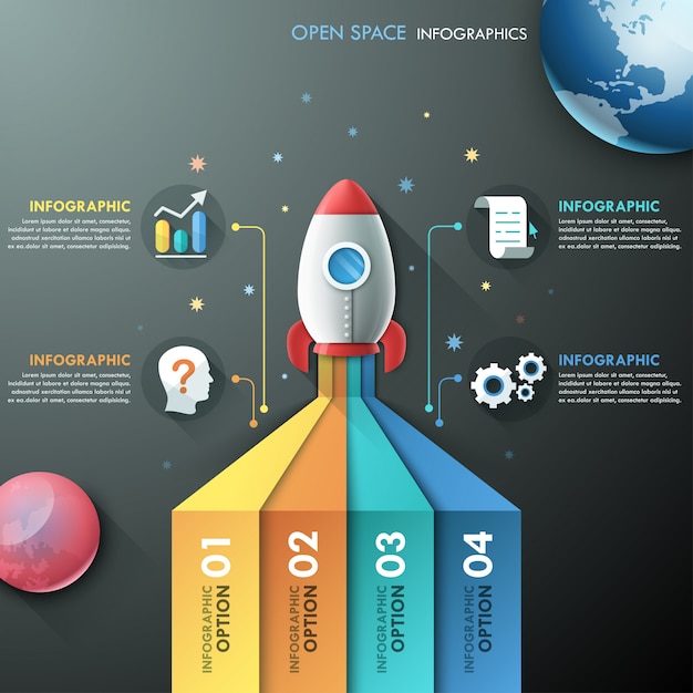 Infographicmalplaatje met raket en planeten