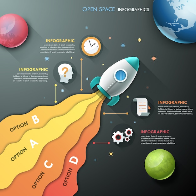 Infographicmalplaatje met raket en planeten