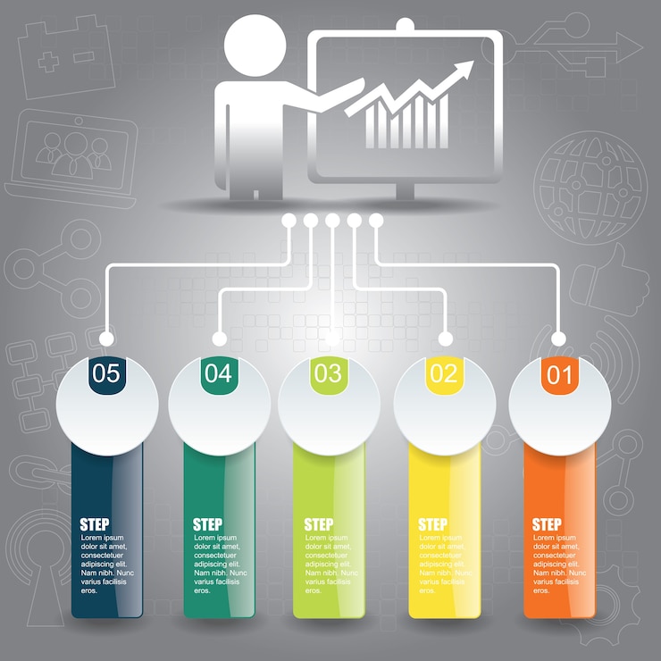 Vector infographicmalplaatje met vlakke pictogrammen voor presentatie.