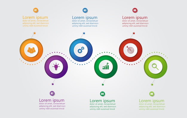 Infographicmalplaatje voor zaken met 6 opties