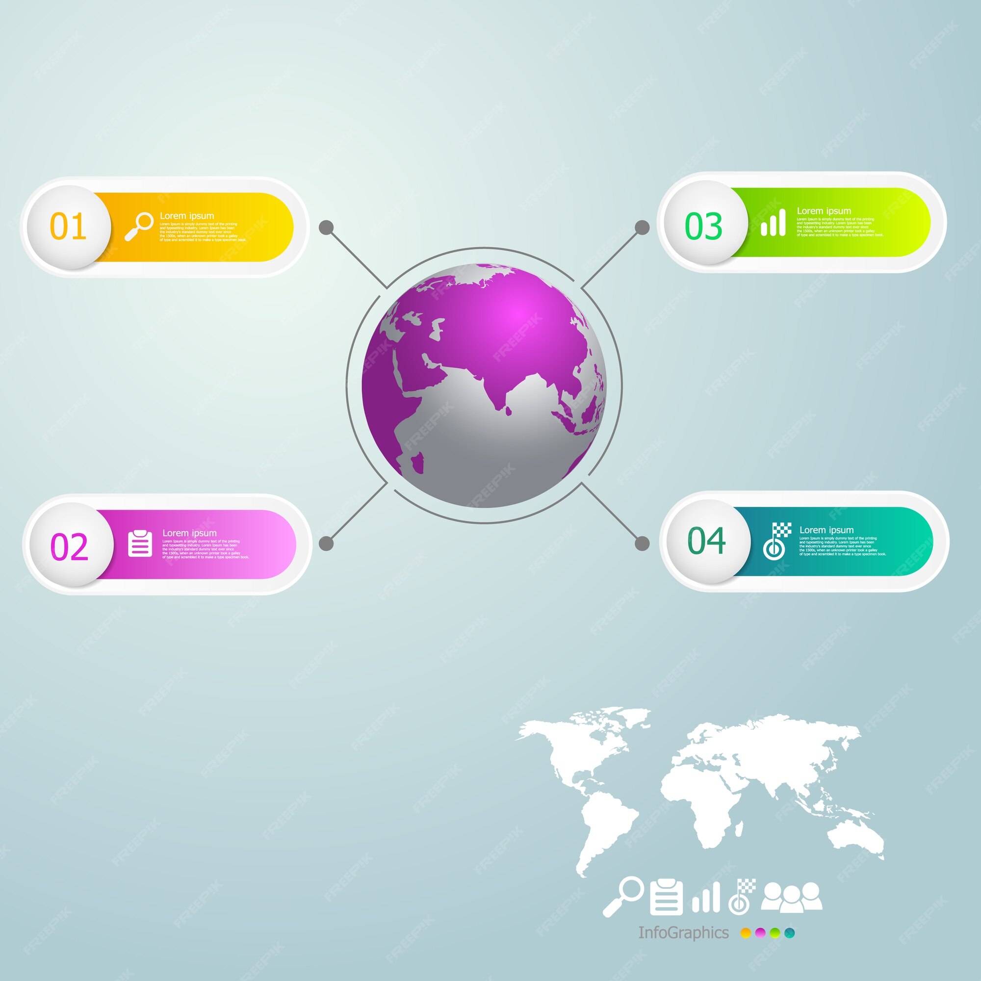 Premium Vector Infographics 4 Steps With World Map Premium Vector Infographics 4 Steps With World Map