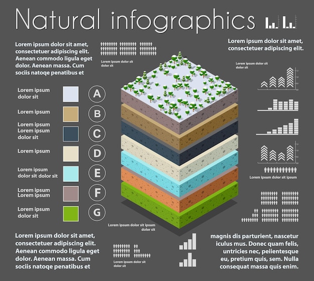 Infographics aard geologische en ondergrondse grondlagen onder het isometrische deel van het natuurlijke landschap