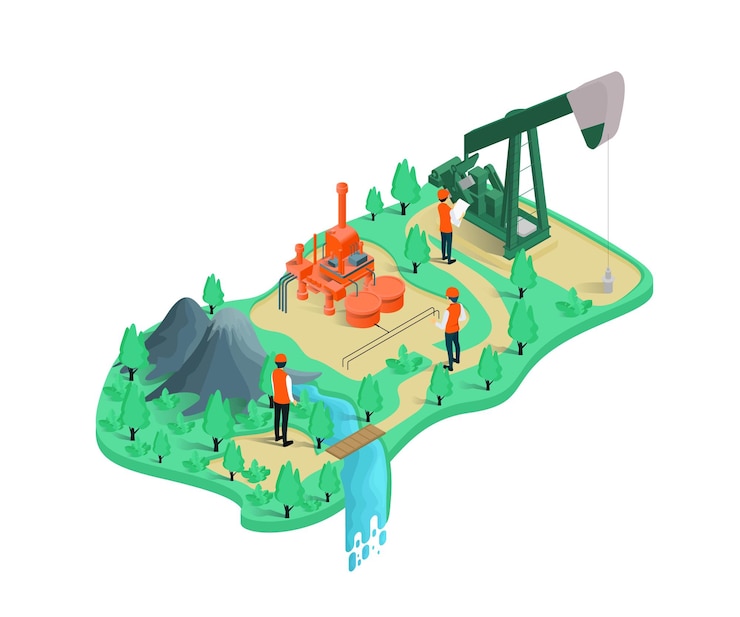 Vector infographics about natural mining from site inspection drilling and oil extraction