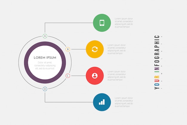 Infographics bedrijfsproces met 4 stappen of opties cirkels. data visualisatie.