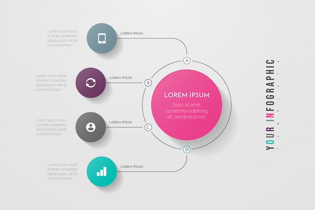 Processo aziendale di infografica con quattro passaggi o cerchi di opzioni. visualizzazione dati. può essere utilizzato per il layout del flusso di lavoro, diagramma, banner, web. illustrazione.