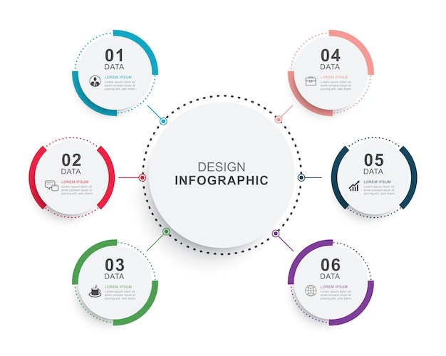 Timeline del cerchio di infografica con modello di dati a 6 numeri sfondo astratto di illustrazione vettoriale