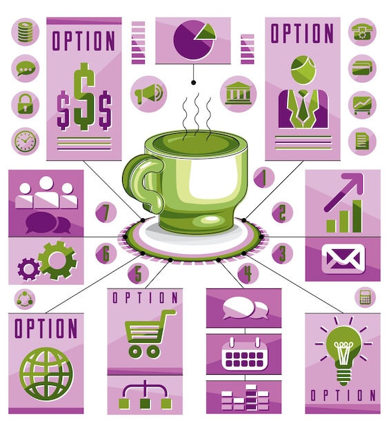 Infographics concept met warme kop thee of koffie, 3d tekening visuele presentatie idee, vectorillustratie.