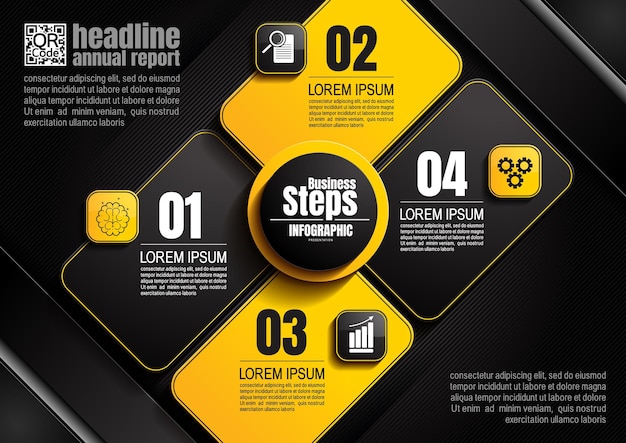 infographics design, 4 process chart diagram, square template for presentation workflow