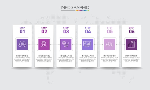 Progettazione infografica 6 passaggi con icone di marketing possono essere utilizzati per il web design del rapporto annuale del diagramma di layout del flusso di lavoro