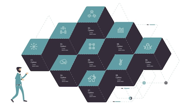 Vettore modello di progettazione infografica concetto blockchain con 9 passaggi o opzioni