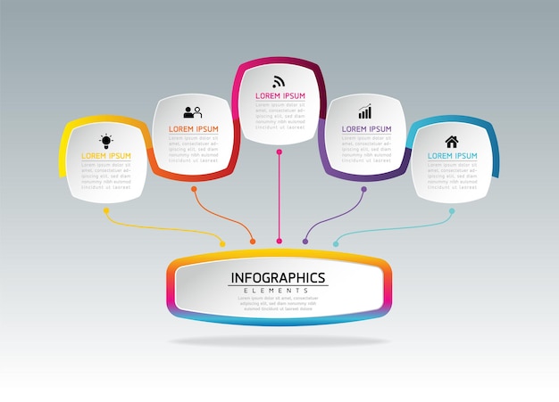 5 가지 옵션 또는 단계가있는 인포 그래픽 디자인 템플릿 비즈니스 정보 프레젠테이션 차트