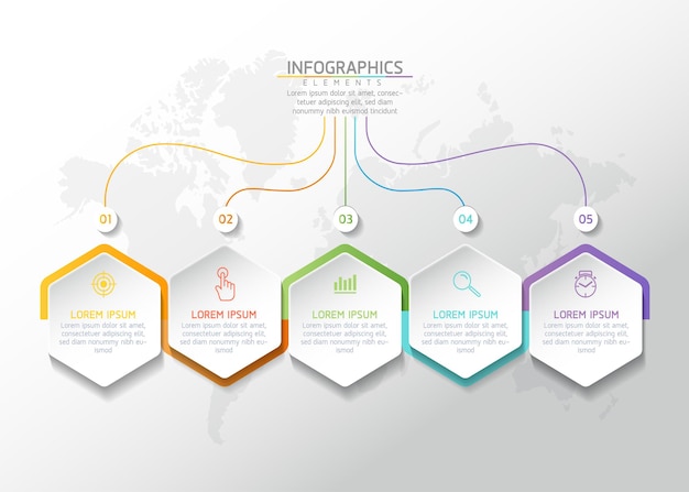 Modello di progettazione infografica, informazioni aziendali, diagramma di presentazione, con 5 opzioni o passaggi.