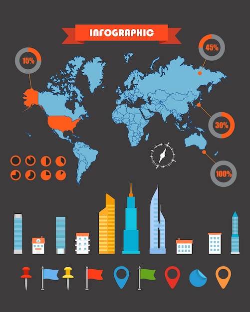 Infographics earth map and different charts on black infographic elements template