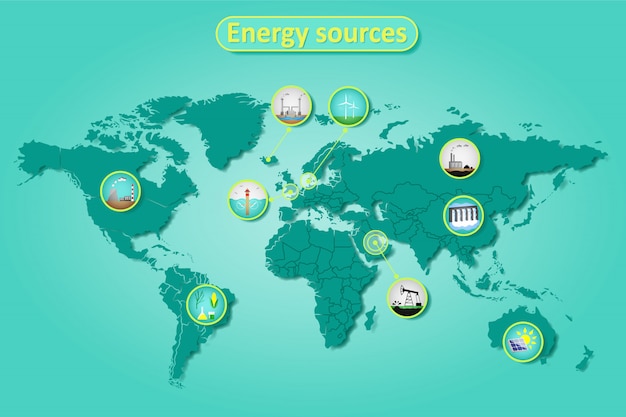 Infografica di energia elettrica e fonti di energia sulla mappa del mondo