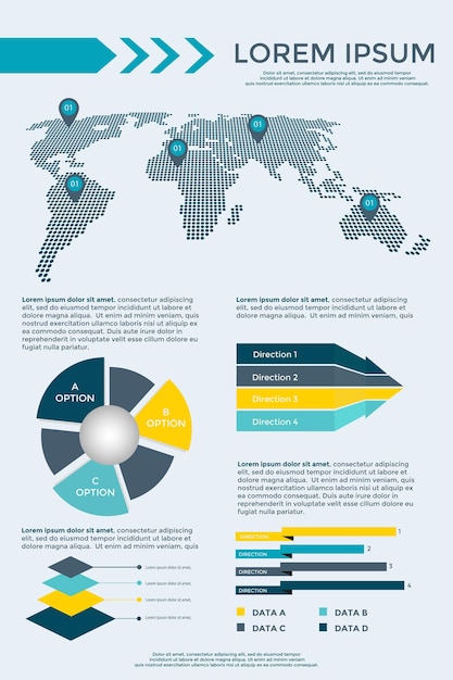 Collezione di elementi di infografica - illustrazione vettoriale aziendale per presentazione, opuscolo, sito web, blog, layout del flusso di lavoro, brochure, banner, scheda, opzioni di aumento, web design, poster, volantino, sequenza temporale.