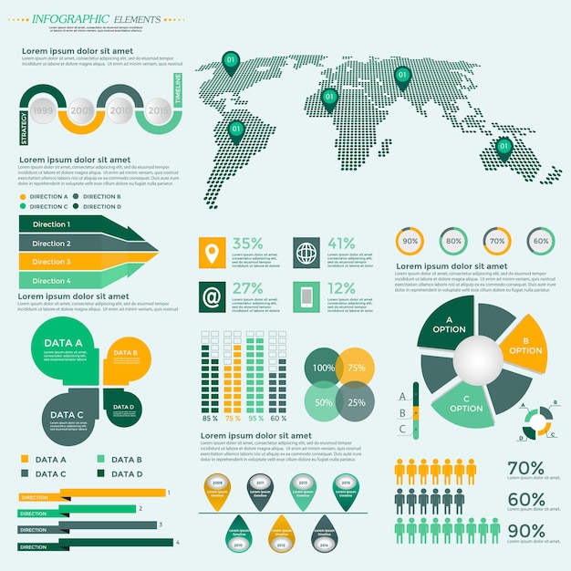 Infographics elements collection - zakelijke vectorillustratie voor presentatie, boekje, website, blog, werkstroomlay-out, brochure, banner, kaart, opvoeren opties, webdesign, poster, flyer, tijdlijn.