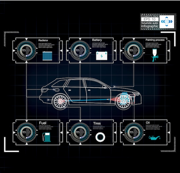 Infographics of freight transport and transportation. Template of automobile infographics. Hud style.  illustration.