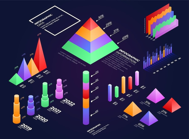 Vector infographics isometric elements futuristic 3d isometric data graphic business charts statistics d