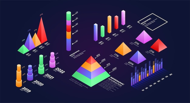 Vettore infografica elementi isometrici futuristico dati isometrici 3d grafici business grafici statistiche diagramma e infografica