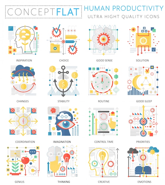 Infographics mini concept human productivity icons for web.